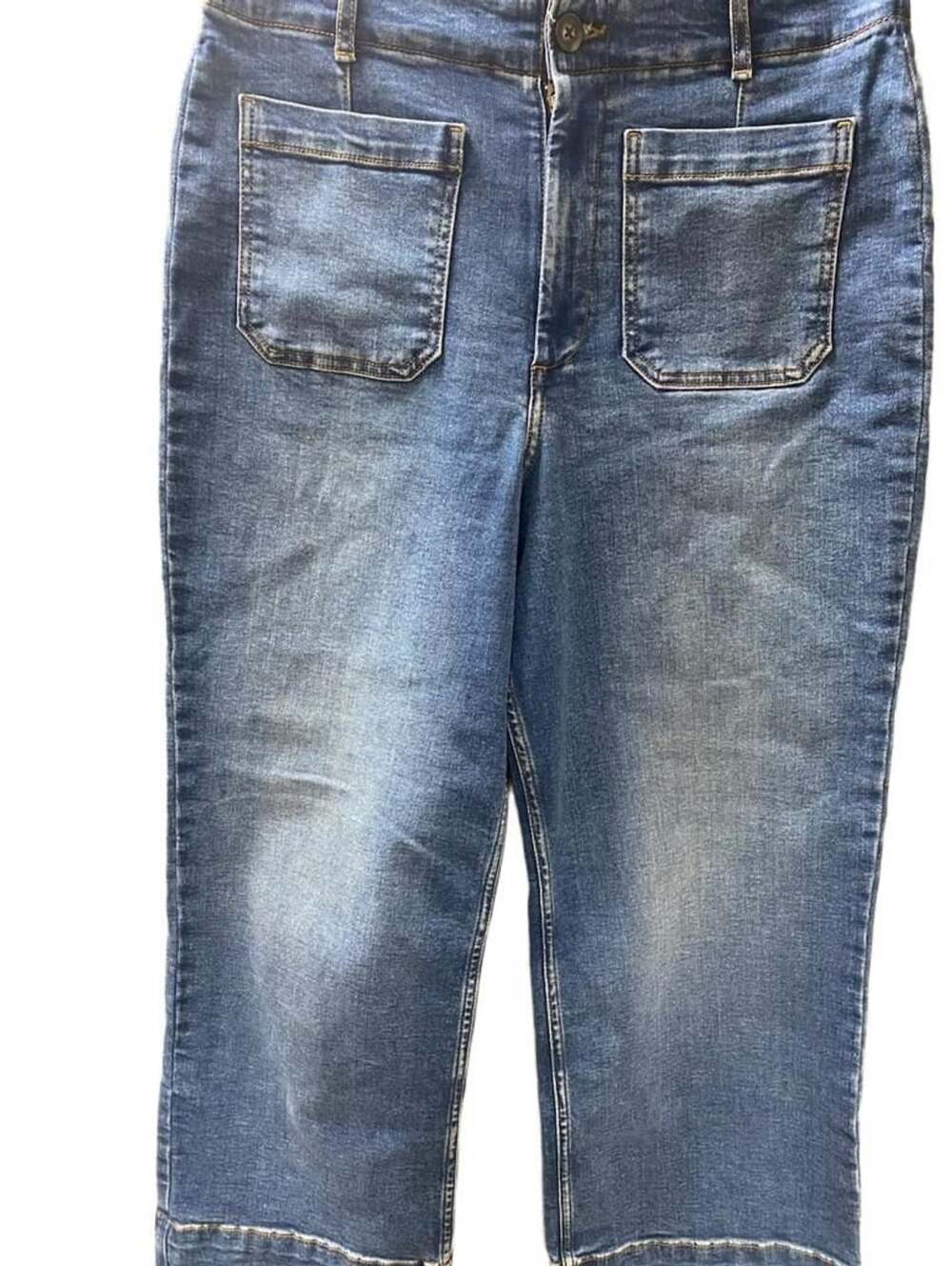 Bagatelle High-Rise Cropped Wide-Leg Blue Jeans with Front Patch Pockets